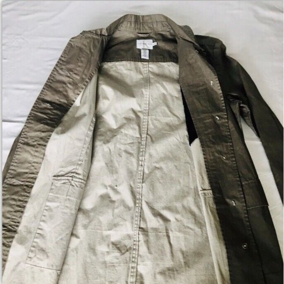 CALVIN KLEIN Trench Coat Large Hidden Buttons Taupe Mid Length Waxed Cotton Feel - Picture 3 of 6